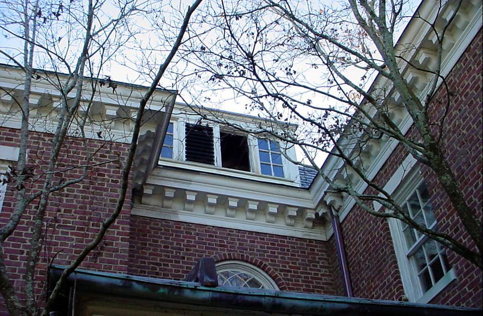 Brick wall with a dentil cornice and a dormer window
